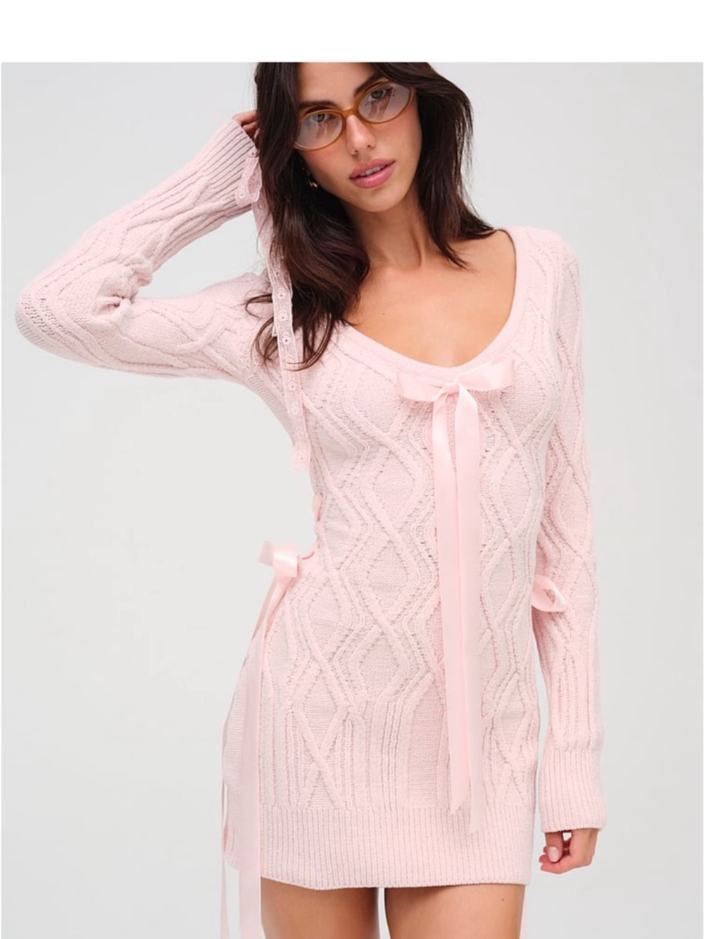 For Love And Lemons Pink Knit Ribbon-Detail Sweater Dress